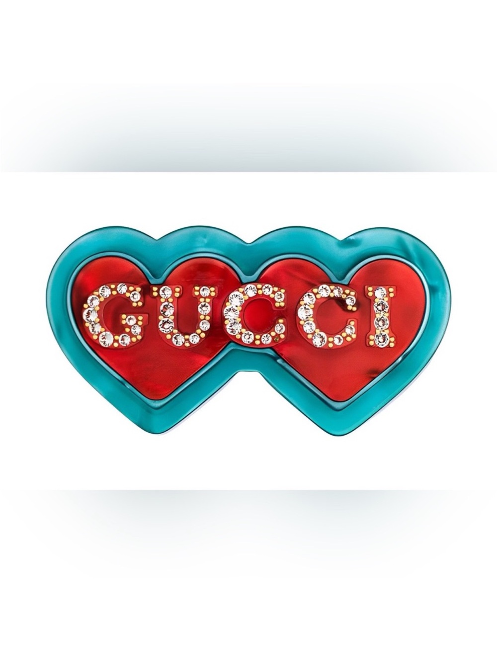 Gucci Red and Teal Double Heart Crystal Logo Hair Clip
